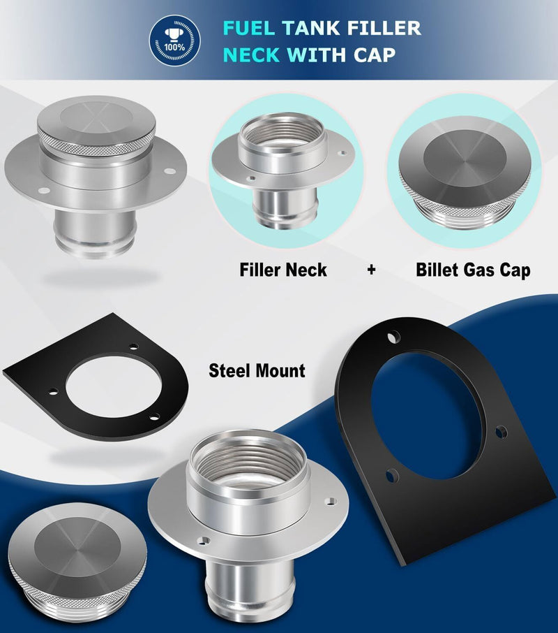 DURAFORCE 2" Fuel Filler Neck With Gas Cap Billet Aluminum & Weld-On Steel Mount Bracket