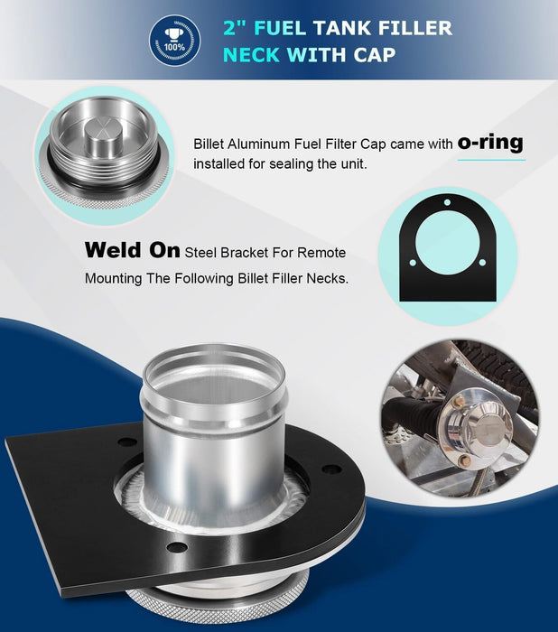 DURAFORCE 2" Fuel Filler Neck With Gas Cap Billet Aluminum & Weld-On Steel Mount Bracket