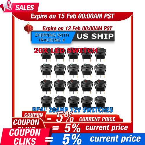 DURAFORCE 20pc ROCKER SWITCH Toggle 12V Led Light Car Auto Boat Round ON/ OFF SPST 20 AMP
