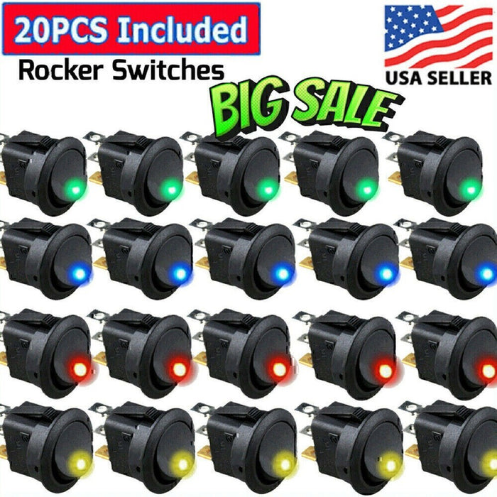 DURAFORCE 20pc ROCKER SWITCH Toggle 12V Led Light Car Auto Boat Round ON/ OFF SPST 20 AMP