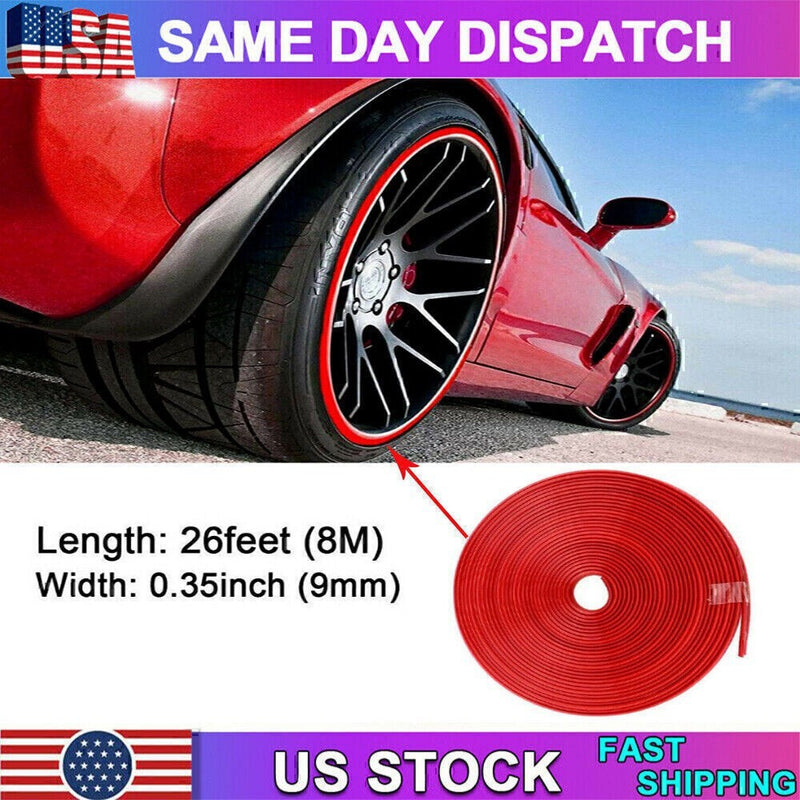 DURAFORCE Car Wheel Hub Rim Trim Tire Ring Guard Rubber Strip Protector Sticker /26FT Red
