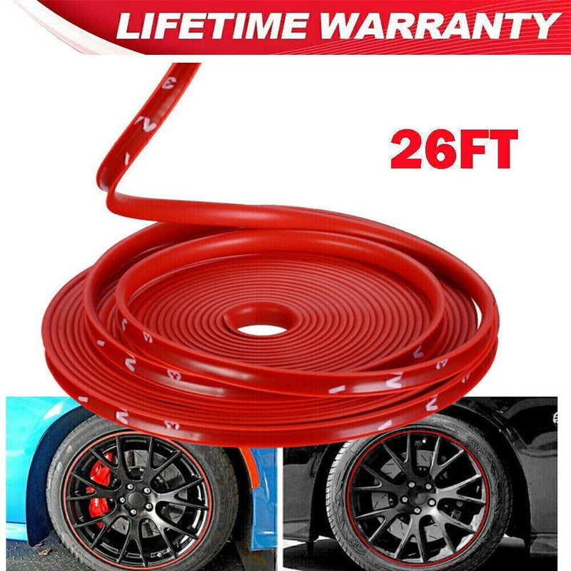 DURAFORCE Car Wheel Hub Rim Trim Tire Ring Guard Rubber Strip Protector Sticker /26FT Red