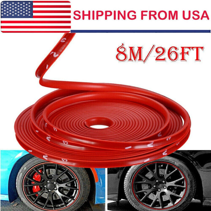 DURAFORCE Car Wheel Hub Rim Trim Tire Ring Guard Rubber Strip Protector Sticker /26FT Red