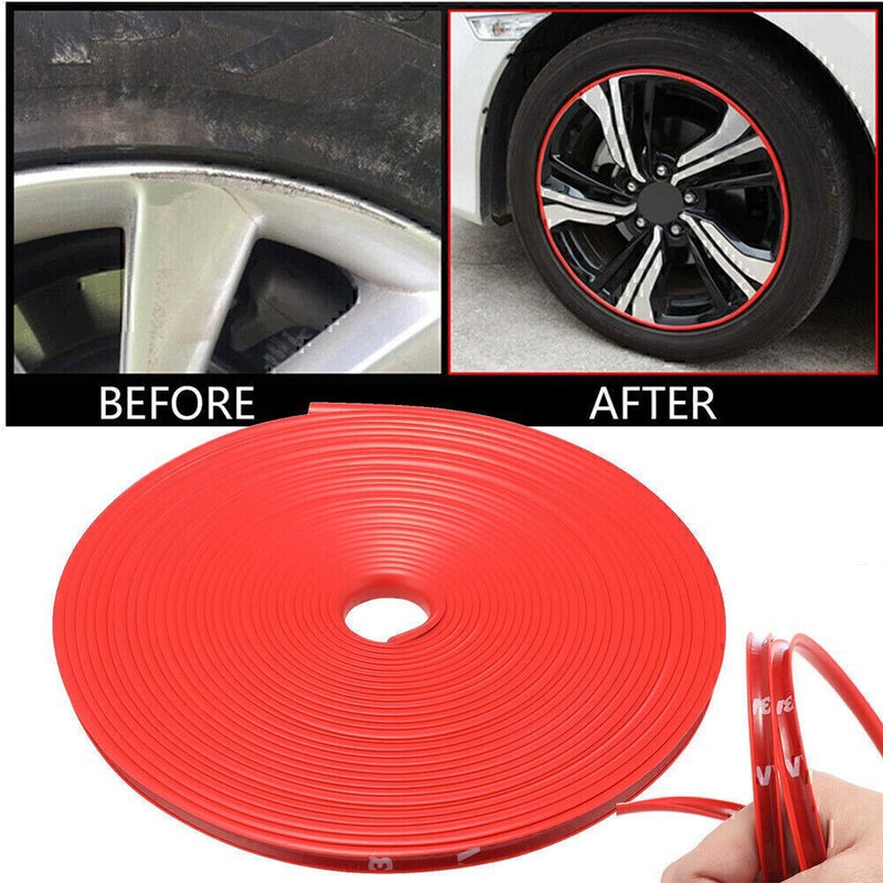 DURAFORCE Car Wheel Hub Rim Trim Tire Ring Guard Rubber Strip Protector Sticker /26FT Red