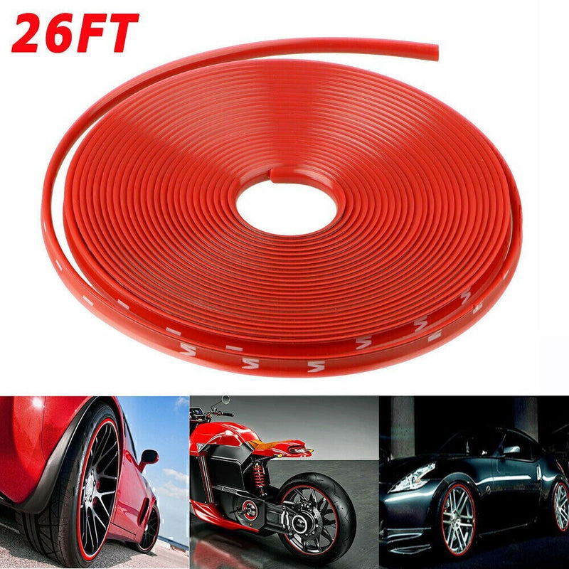 DURAFORCE Car Wheel Hub Rim Trim Tire Ring Guard Rubber Strip Protector Sticker /26FT Red