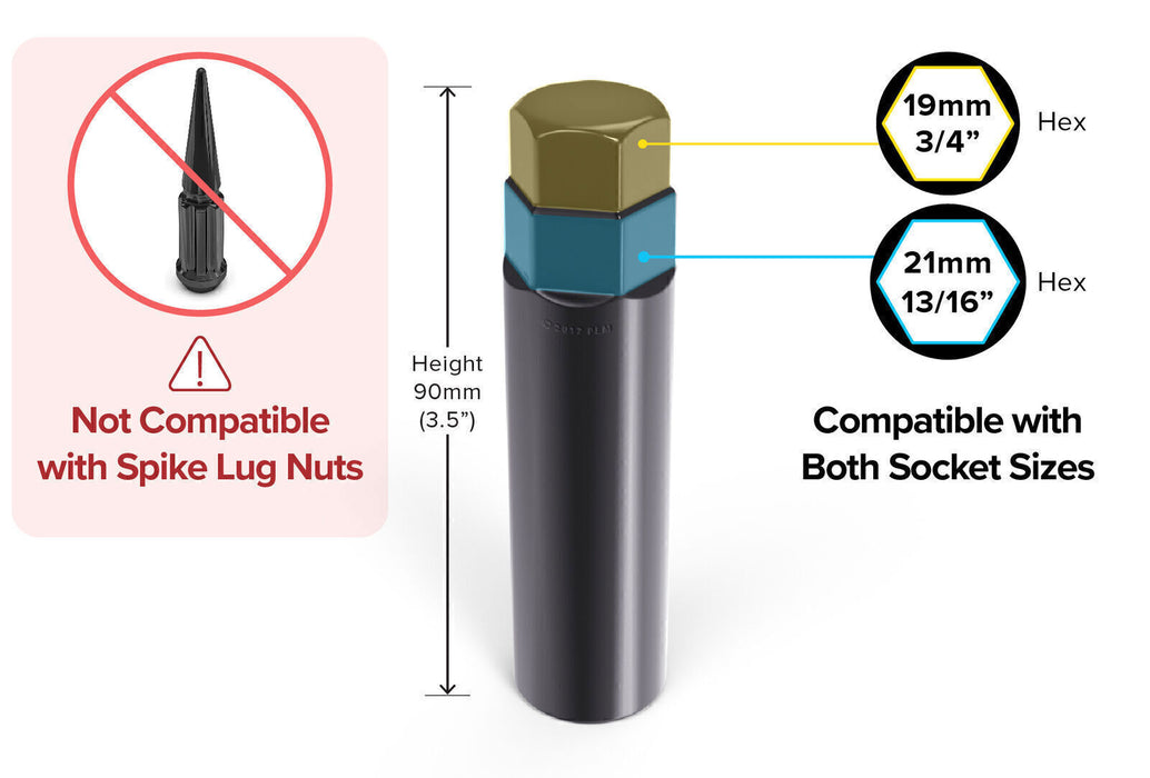 DURAFORCE 2pcs Black Socket Key Tool for 7 spline Lug Nuts | 19mm, 3/4", 21mm, 13/16" Hex