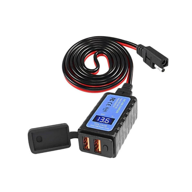 DURAFORCE Motorcycle Dual USB Charger SAE -USB Cable Adapter Voltmeter for CellPhone GPS