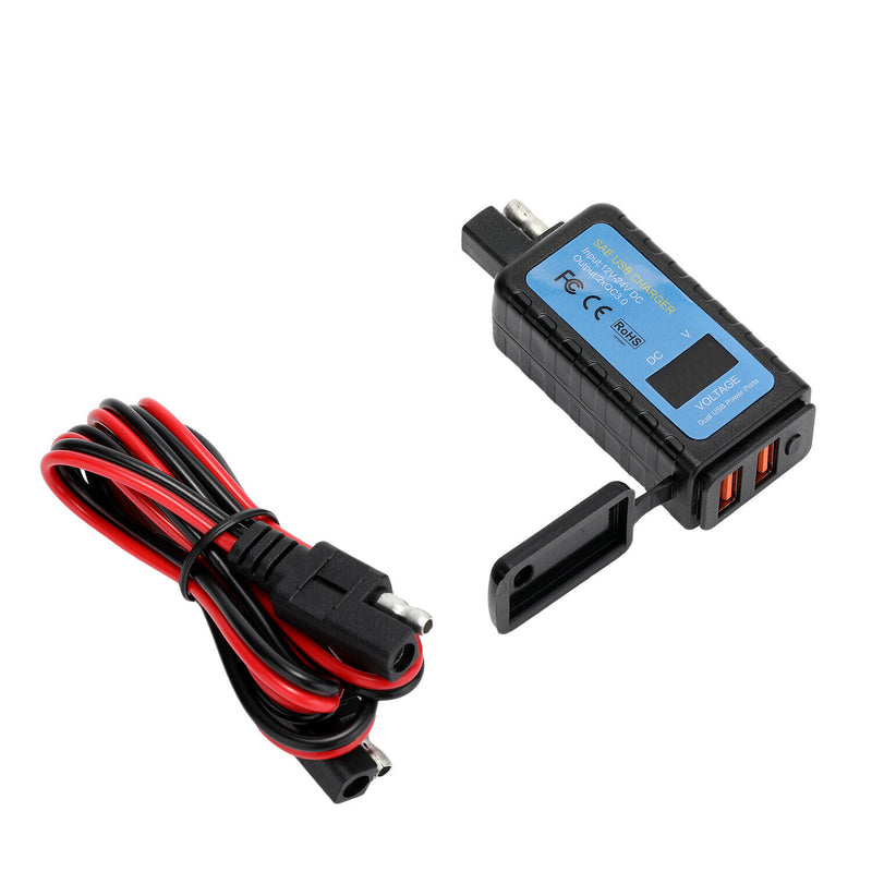 DURAFORCE Motorcycle Dual USB Charger SAE -USB Cable Adapter Voltmeter for CellPhone GPS