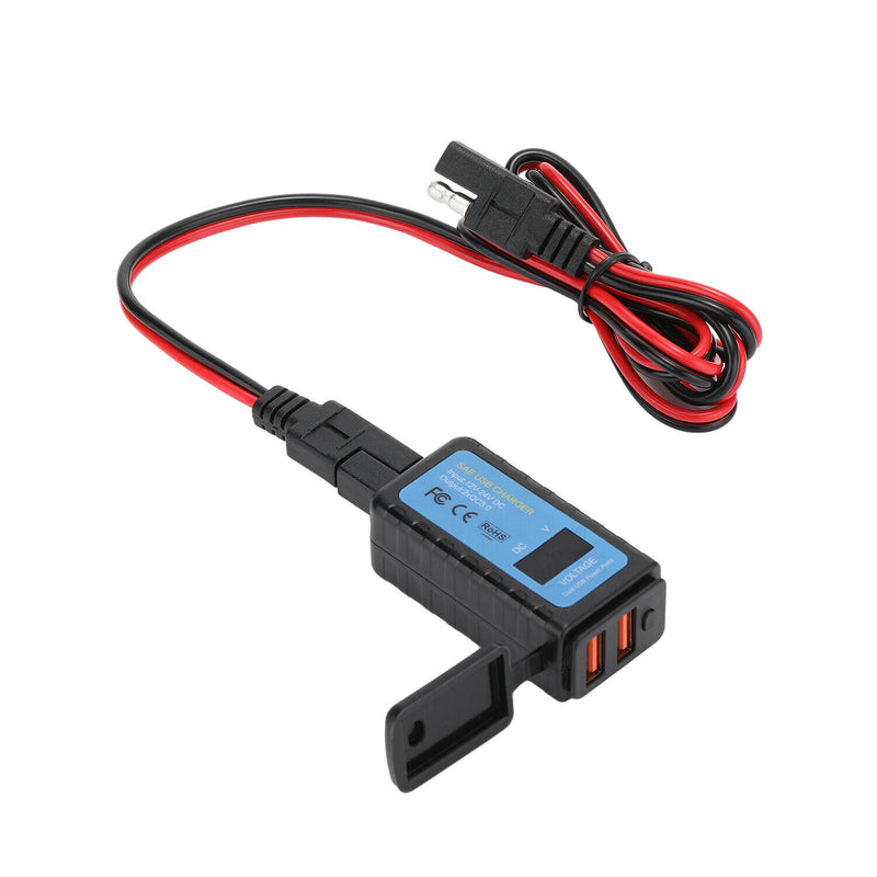DURAFORCE Motorcycle Dual USB Charger SAE -USB Cable Adapter Voltmeter for CellPhone GPS