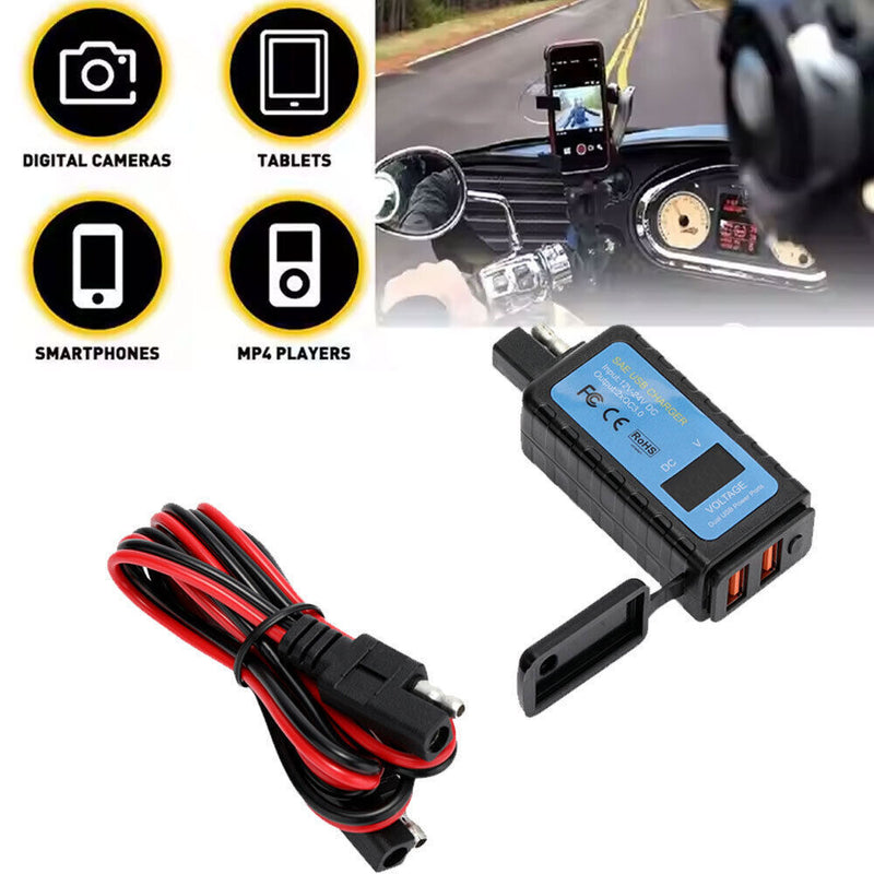 DURAFORCE Motorcycle Dual USB Charger SAE -USB Cable Adapter Voltmeter for CellPhone GPS