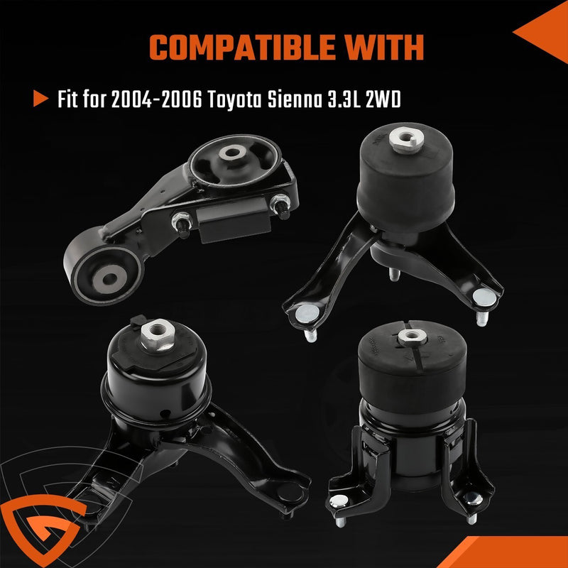 DURAFORCE 4x Fit for 2004-2006 Toyota Sienna 3.3L 2WD Engine Motor & Trans Mount Set