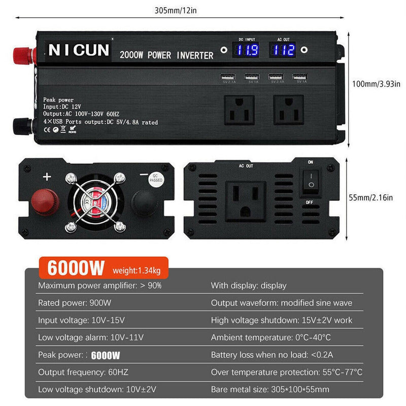 DURAFORCE 6000W Power Inverter DC 12V - 110V AC Car RV Sine Wave Solar Converter LCD