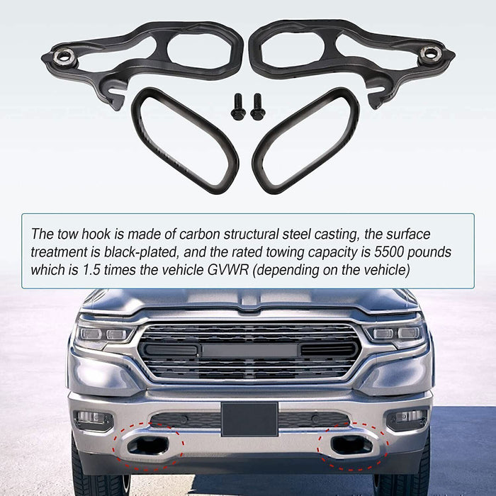 DURAFORCE For 2019-2023 Dodge Ram 1500 DT Front Black Tow Hooks Left +Right w/Hardware Kit
