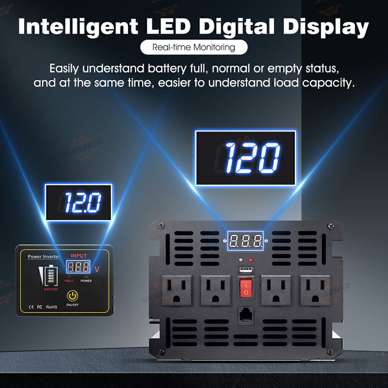 DURAFORCE Power Inverter 2000W 4000W 12V DC to 110V 120V AC LCD Cable Car Boat RV D Auto