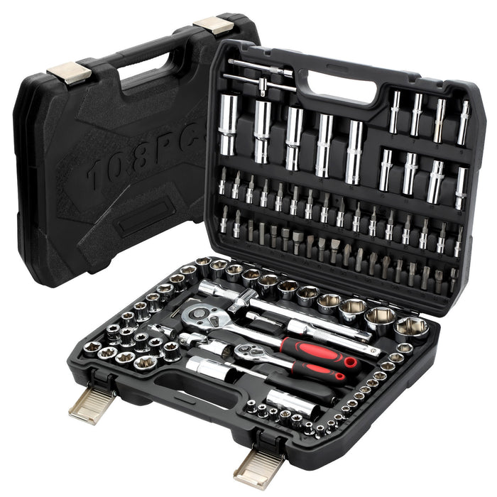 DURAFORCE 108Pcs Mechanics Tools - Kit 6-Point Socket Ratchet Wrench Set Repair Tool Case