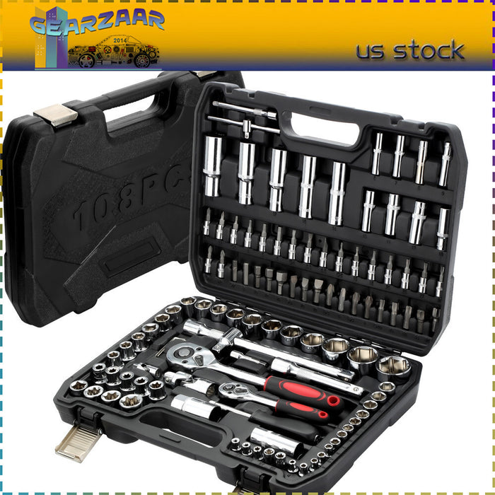 DURAFORCE 108Pcs Mechanics Tools - Kit 6-Point Socket Ratchet Wrench Set Repair Tool Case