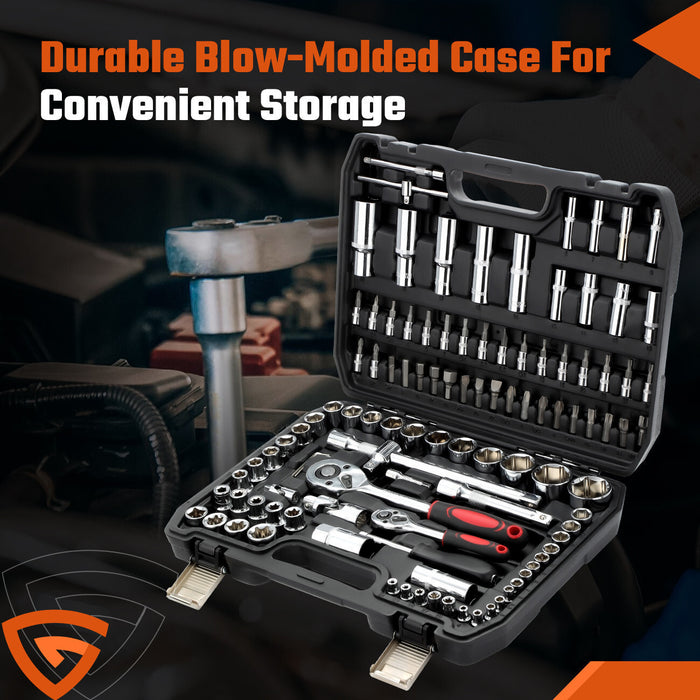 DURAFORCE 108Pcs Mechanics Tools - Kit 6-Point Socket Ratchet Wrench Set Repair Tool Case