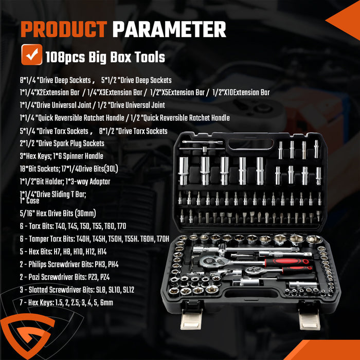 DURAFORCE 108Pcs Mechanics Tools - Kit 6-Point Socket Ratchet Wrench Set Repair Tool Case