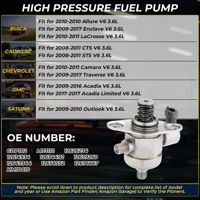 DURAFORCE High Pressure Fuel Pump For Chevy Traverse GMC Acadia Buick Enclave 3.6 12676667