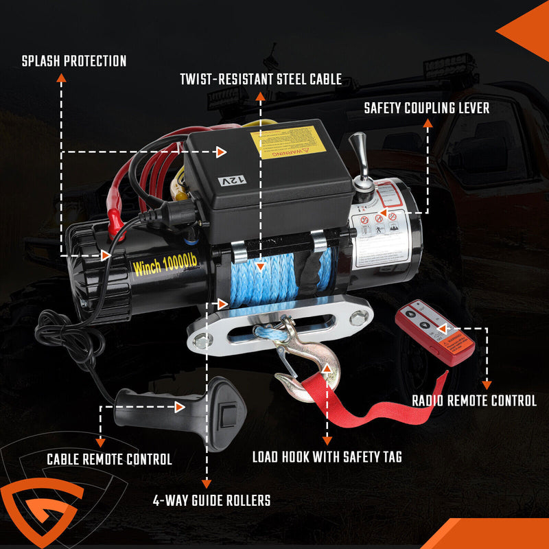DURAFORCE Electric Winch Truck 10,000 lb Synthetic Rope Remote Control Off-Road 4WD Kit-