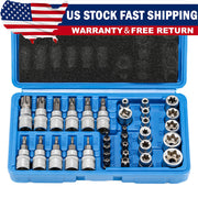 DURAFORCE 34pcs Torx Star Sockets & Bit Set for Male Female E-torx Security Bits 3/8 Drive
