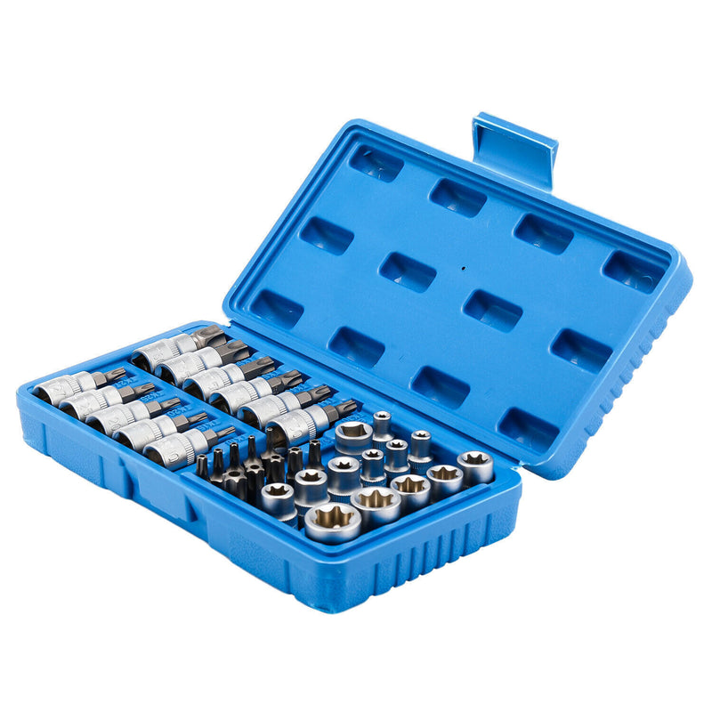 DURAFORCE 34pcs Torx Star Sockets & Bit Set for Male Female E-torx Security Bits 3/8 Drive