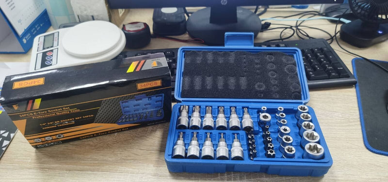DURAFORCE 34pcs Torx Star Sockets & Bit Set for Male Female E-torx Security Bits 3/8 Drive