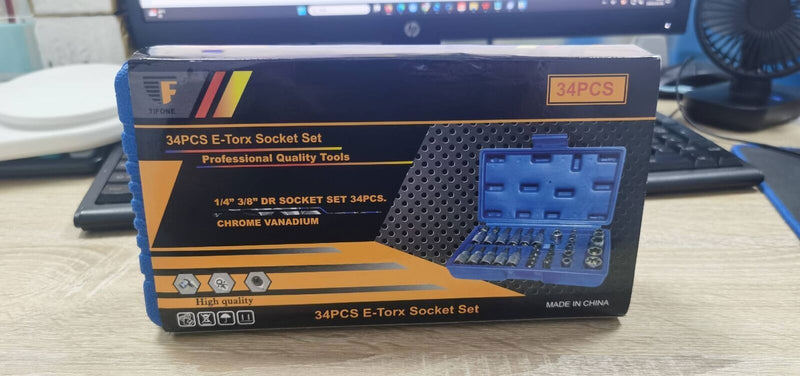 DURAFORCE 34pcs Torx Star Sockets & Bit Set for Male Female E-torx Security Bits 3/8 Drive