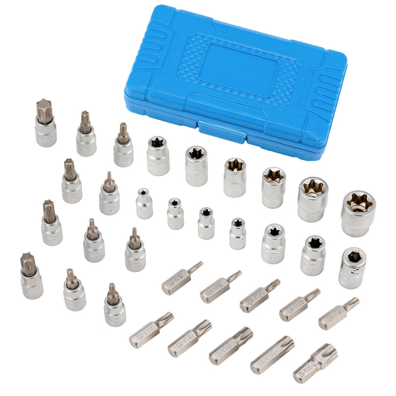 DURAFORCE 34pcs Torx Star Sockets & Bit Set for Male Female E-torx Security Bits 3/8 Drive