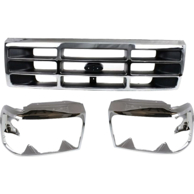 DURAFORCE Grille Assembly Headlight Door Kit For 1992-1996 Ford F-150 Bronco Chrome Shell