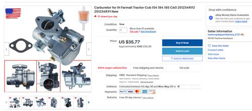 DURAFORCE New Carburetor for IH Farmall Tractor Cub 154 184 185 C60 251234R92 251234R91