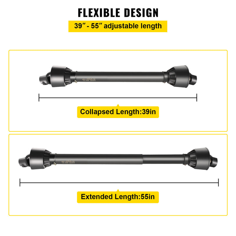 DURAFORCE PTO Shaft PTO Driveshaft for Tractor 1-3/8" Spline/Round Ends 39-55" Black