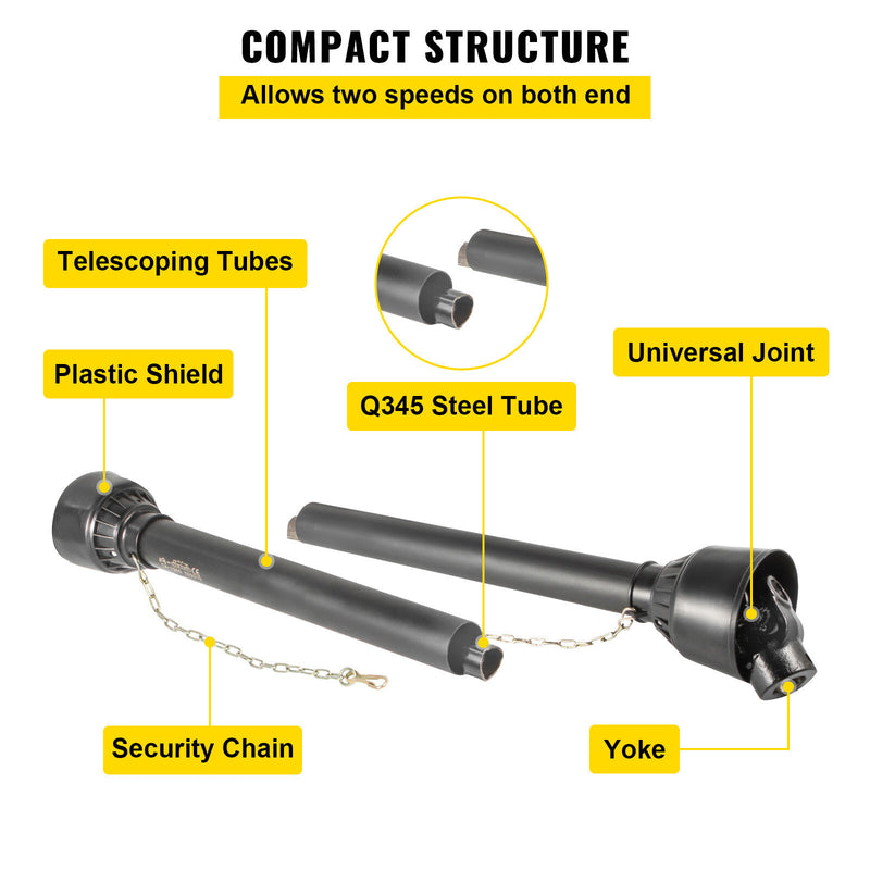 DURAFORCE PTO Shaft PTO Driveshaft for Tractor 1-3/8" Spline/Round Ends 39-55" Black