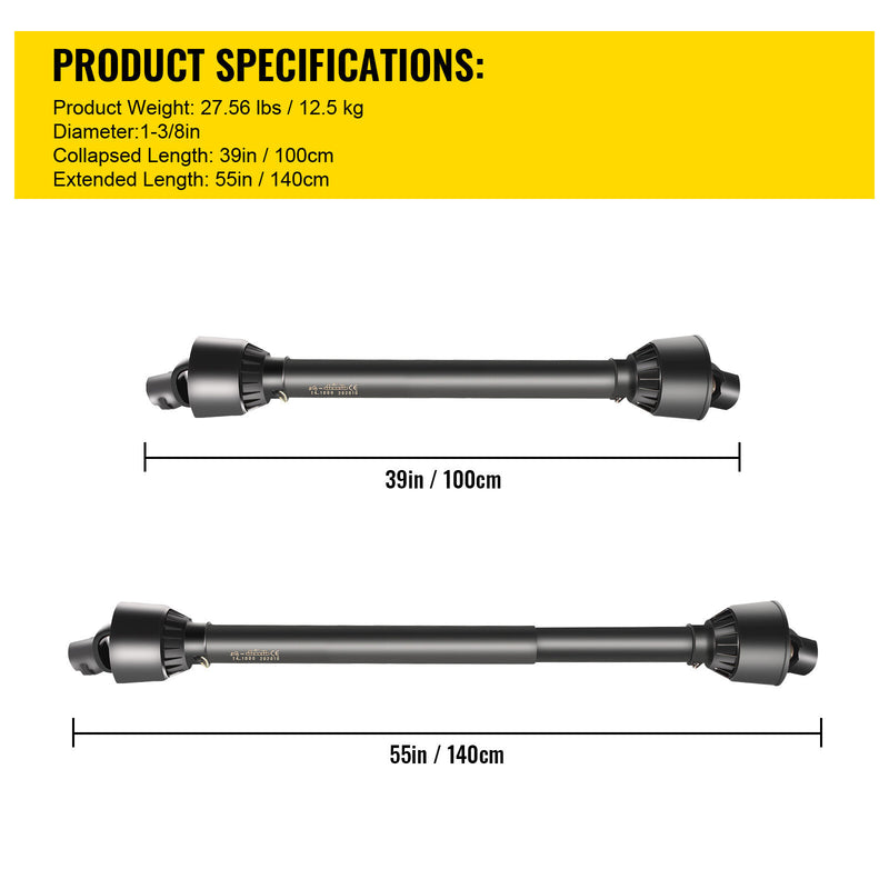 DURAFORCE PTO Shaft PTO Driveshaft for Tractor 1-3/8" Spline/Round Ends 39-55" Black