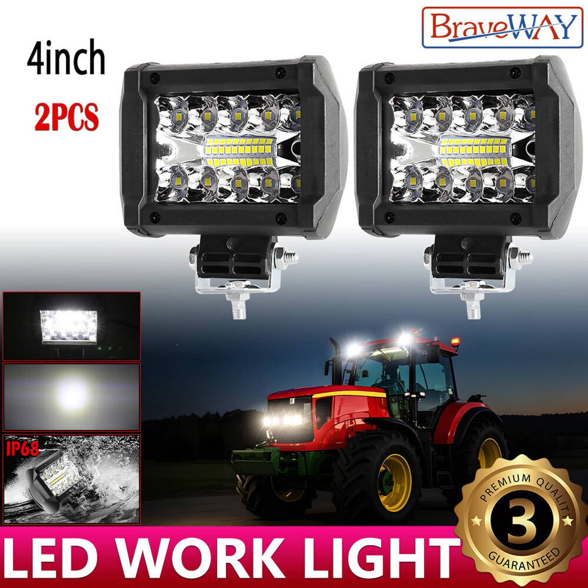 12V 4inch 60W LED Work Light Headlights fit John Deere Case New Hollan ...