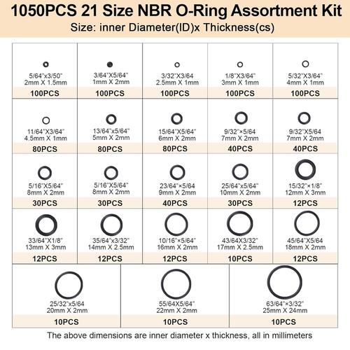 DURAFORCE 21 Size Rubber O Ring Set,1050 Pcs Black Small O Rings Assortment Kits,Assort...