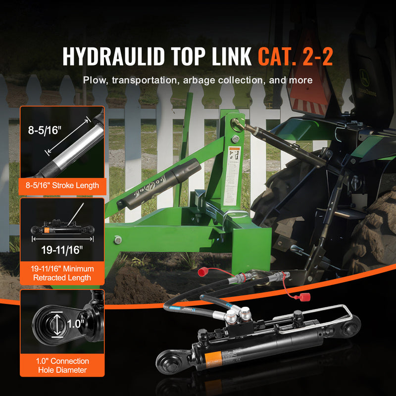 DURAFORCE Hydraulic Top Link Cat.2-2 With Locking Block 19 11/16” - 28” with 2 x Hoses