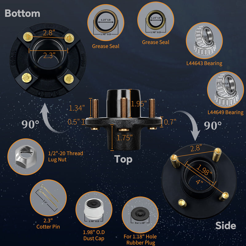 DURAFORCE 2 Sets 4 on 4'' Trailer Hub Kit for 2000 lbs 1" or 1-1/16" Trailer Straight Axle