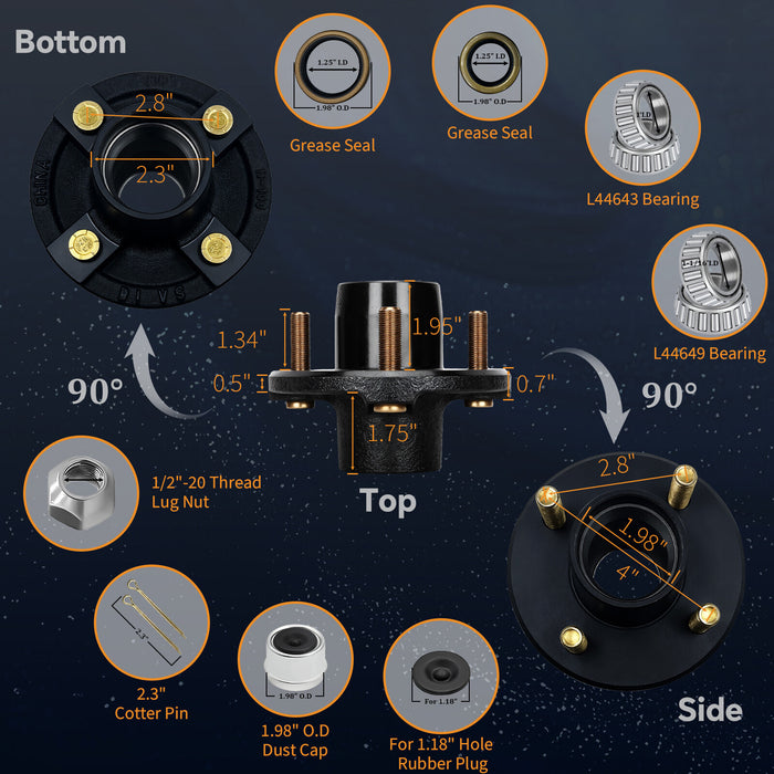 DURAFORCE 2 Sets 4 on 4'' Trailer Hub Kit for 2000 lbs 1" or 1-1/16" Trailer Straight Axle