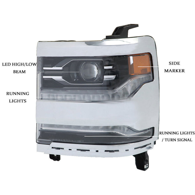 DURAFORCE Left Headlight For 2016-2018 Silverado 1500 LED Frame Chrome Housing