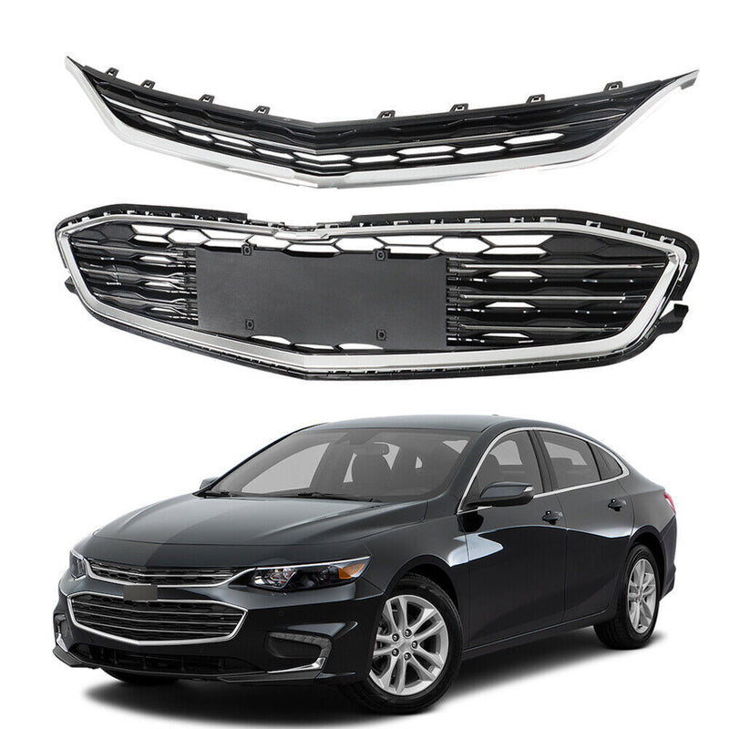 DURAFORCE Front Bumper Upper Lower Grille For 2016-2018 Chevy Malibu Chrome&Black