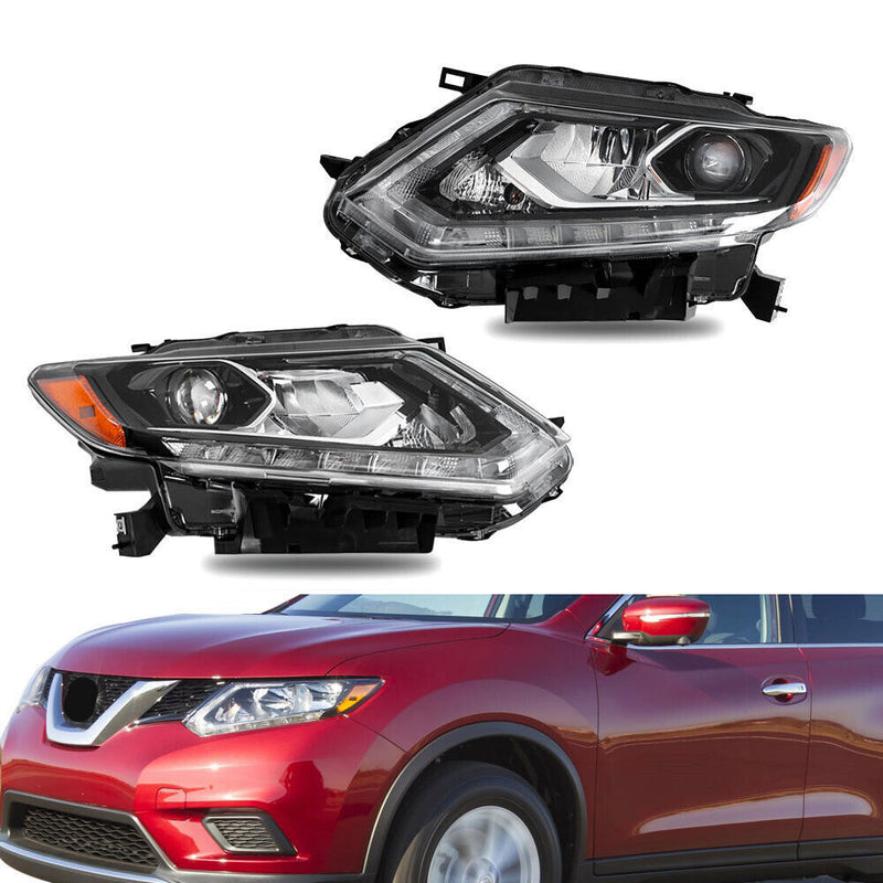 DURAFORCE Right+Left Headlight For 2014-16 Nissan Rogue LED Chrome Clear Lens Pair