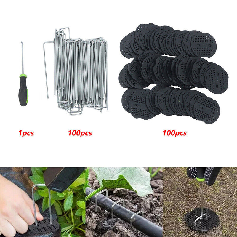DURAFORCE 100 Pack Stainless Garden Stakes Landscape Staples Set with Mats& Precision Hook