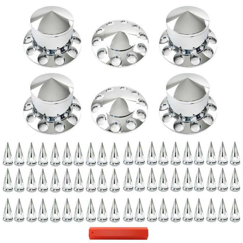 DURAFORCE For Semi Truck Wheel Axle Covers Spiked Chrome Hub Cover Kit 33mm Front & Rear