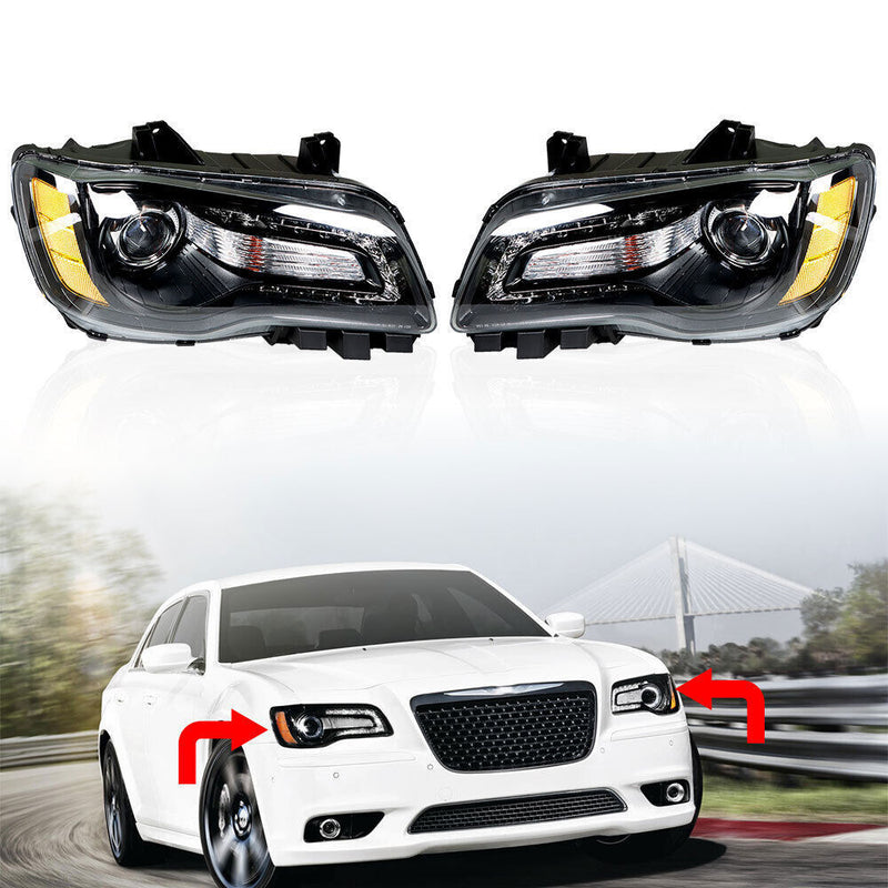 DURAFORCE Right&Left Headlight For 2011-2014 Chrysler 300 Halogen Black Clear Lens