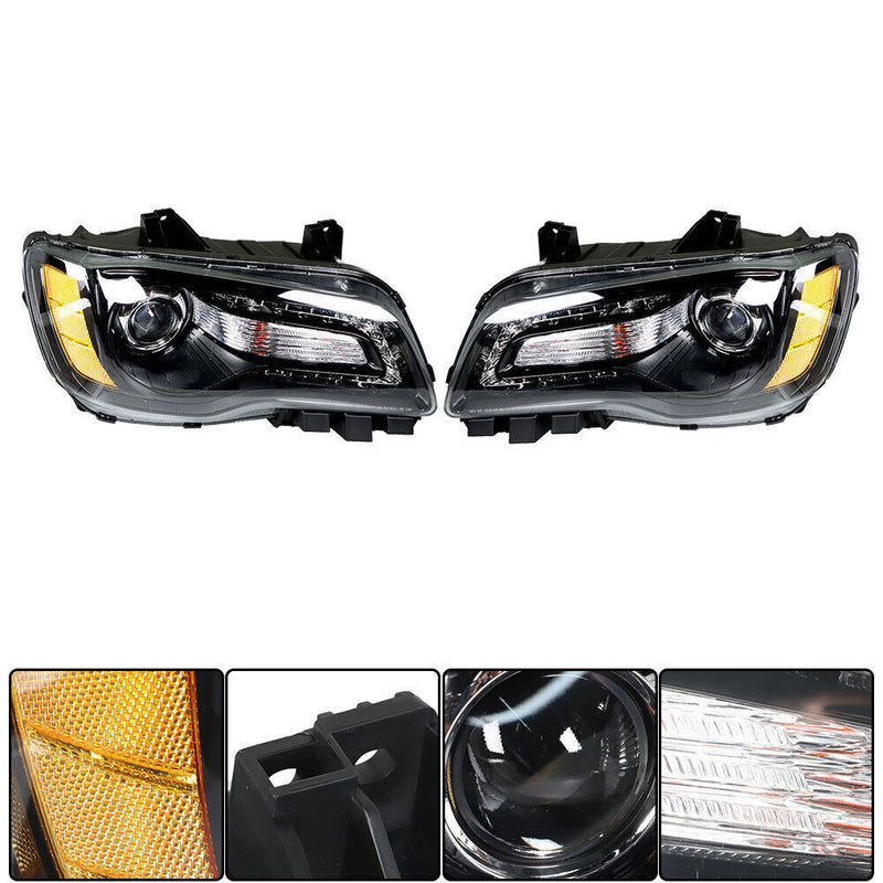 DURAFORCE Right&Left Headlight For 2011-2014 Chrysler 300 Halogen Black Clear Lens