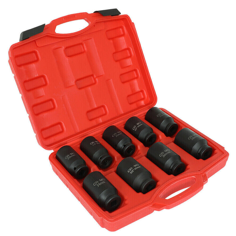 DURAFORCE 9Pcs Deep Impact Socket Set 1/2"Drive Metric Axle Hub Nut Socket 29-38mm