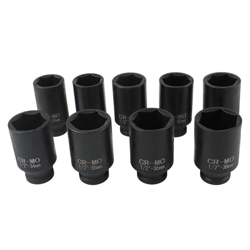 DURAFORCE 9Pcs Deep Impact Socket Set 1/2"Drive Metric Axle Hub Nut Socket 29-38mm