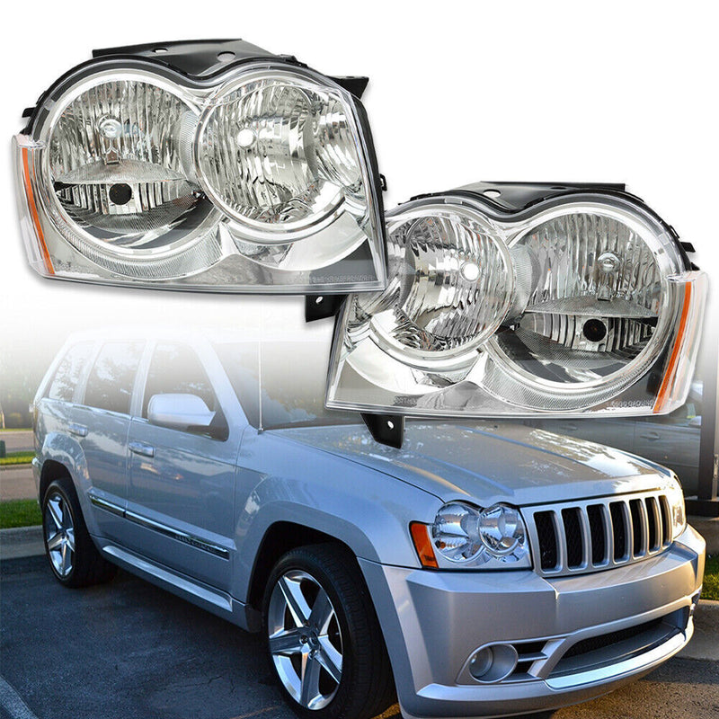DURAFORCE Left+Right Headlight For 2005-2007 Jeep Grand Cherokee Halogen Chrome