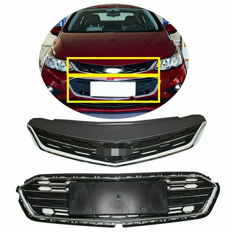 DURAFORCE Front Bumper Upper+Lower Grille For 2016-2018 Chevrolet Cruze Chrome